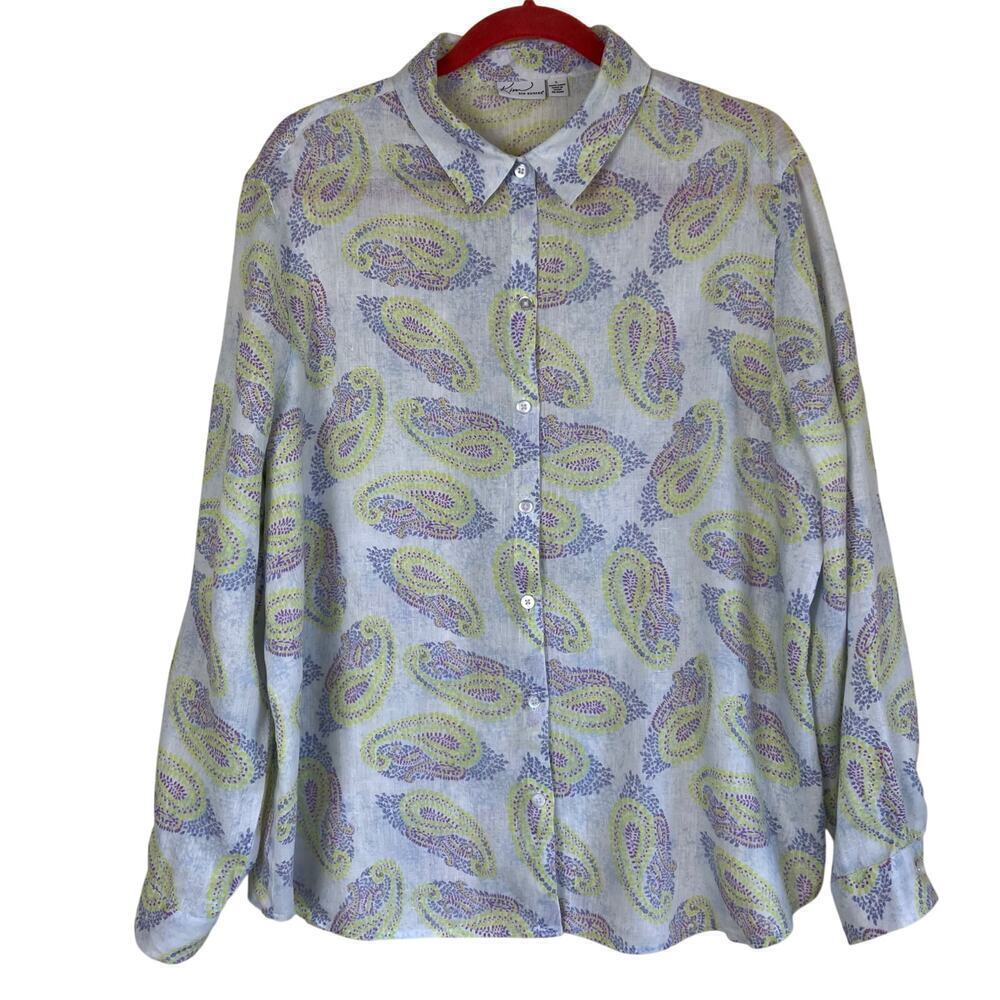 Kim Rogers Womens Large 100% Linen Paisley Long Sleeve Button Down Linen Shirt